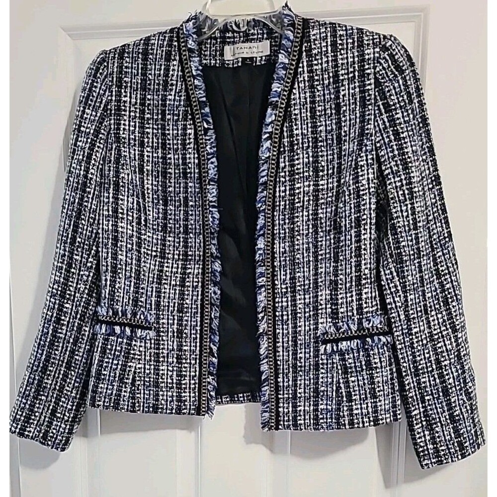 Tahari Arthur Levine Blue Fringe Braid Trim Tweed Crop Lady Jacket Blazer Sz 6 - Picture 2 of 7